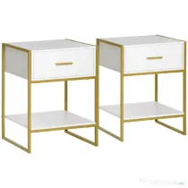 HOMCOM Set 2 noptiere moderne cu sertar și raft deschis din MDF și oțel, 45x40x60cm, alb și auriu