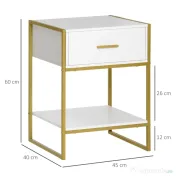 HOMCOM Set 2 noptiere moderne cu sertar și raft deschis din MDF și oțel, 45x40x60cm, alb și auriu 