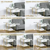 HOMCOM Set 2 noptiere moderne cu sertar și raft deschis din MDF și oțel, 45x40x60cm, alb și auriu 