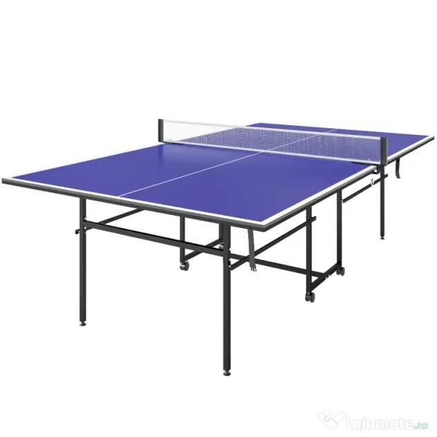 SPORTNOW Masă de Tenis de Masă Pliabilă pentru Interior cu Roți Pivotante, Plasă, Palete și Mingi, Albastră