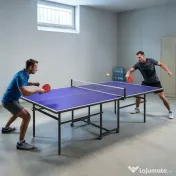 SPORTNOW Masă de Tenis de Masă Pliabilă pentru Interior cu Roți Pivotante, Plasă, Palete și Mingi, Albastră 