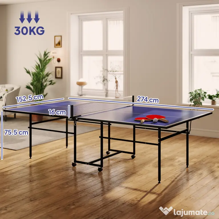 SPORTNOW Masă de Tenis de Masă Pliabilă pentru Interior cu Roți Pivotante, Plasă, Palete și Mingi, Albastră