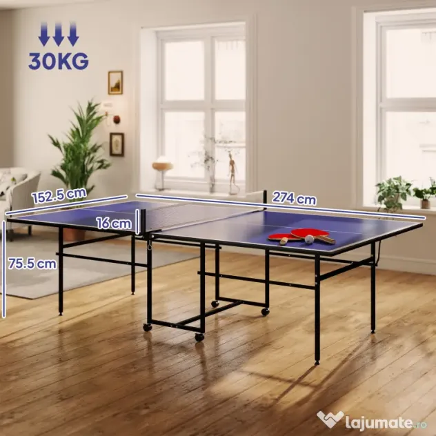 SPORTNOW Masă de Tenis de Masă Pliabilă pentru Interior cu Roți Pivotante, Plasă, Palete și Mingi, Albastră