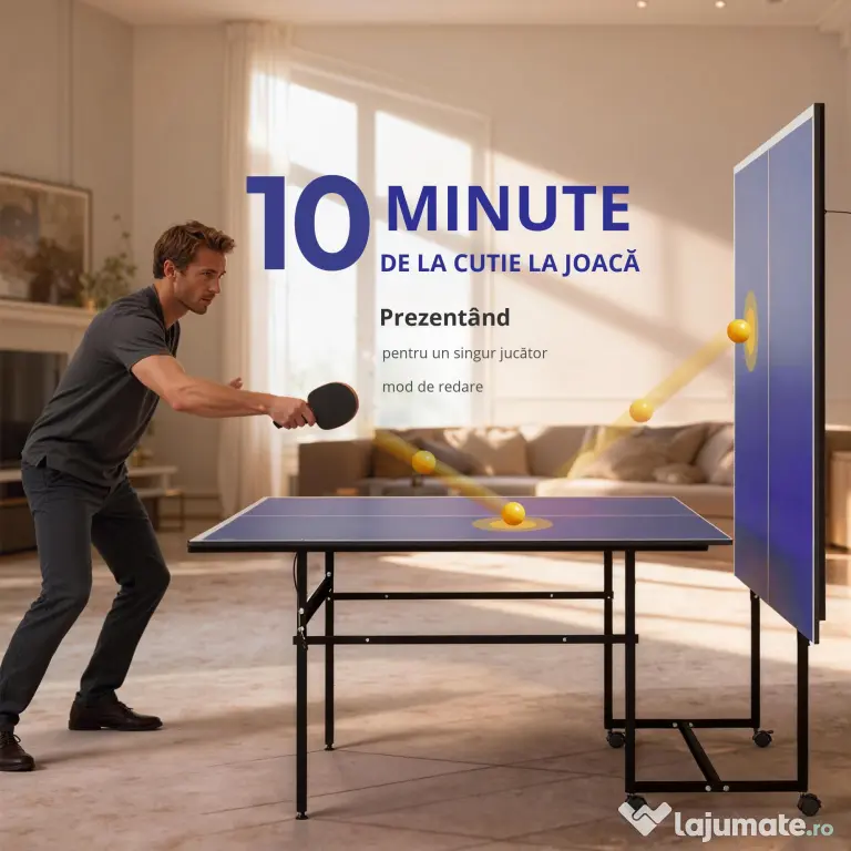 SPORTNOW Masă de Tenis de Masă Pliabilă pentru Interior cu Roți Pivotante, Plasă, Palete și Mingi, Albastră