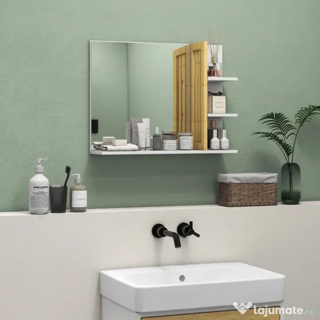 HOMCOM Oglindă de baie modernă de perete cu 4 rafturi din lemn, 45x15x58,5cm, alb