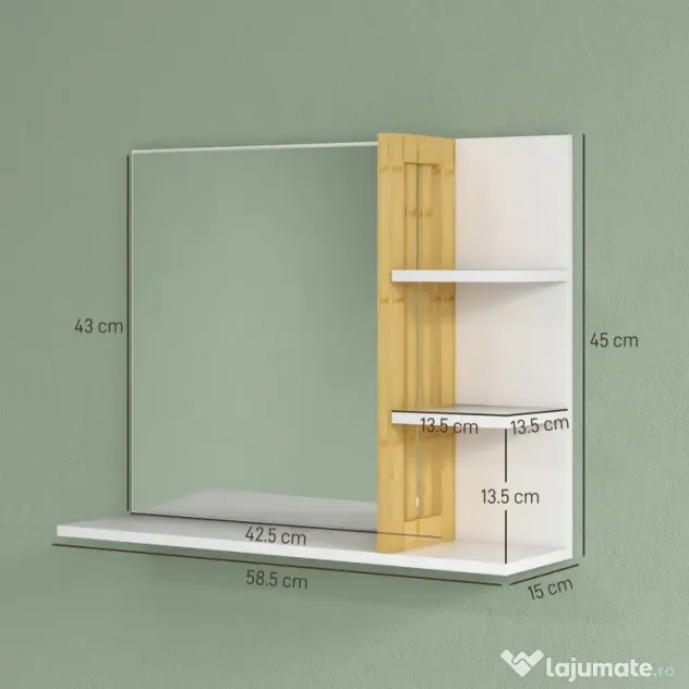 HOMCOM Oglindă de baie modernă de perete cu 4 rafturi din lemn, 45x15x58,5cm, alb