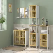 HOMCOM Oglindă de baie modernă de perete cu 4 rafturi din lemn, 45x15x58,5cm, alb 