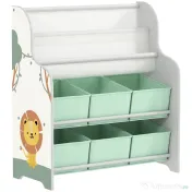 AIYAPLAY Raft pentru Jucării cu 6 Sertare din Material Textil și Bibliotecă cu 2 Nivele, din Lemn și Oțel, 63x30x71 cm, Verde 
