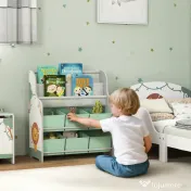 AIYAPLAY Raft pentru Jucării cu 6 Sertare din Material Textil și Bibliotecă cu 2 Nivele, din Lemn și Oțel, 63x30x71 cm, Verde 