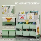 AIYAPLAY Raft pentru Jucării cu 6 Sertare din Material Textil și Bibliotecă cu 2 Nivele, din Lemn și Oțel, 63x30x71 cm, Verde 