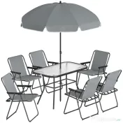 Outsunny Set de Masă de Grădină 8 Piese cu Umbrelă, Set Mobilier Grădină cu 6 Scaune Pliabile, Masă din Sticlă Temperată și Umbrelă pentru Terasă, Gri 