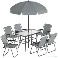 Outsunny Set de Masă de Grădină 8 Piese cu Umbrelă, Set Mobilier Grădină cu 6 Scaune Pliabile, Masă din Sticlă Temperată și Umbrelă pentru Terasă, Gri 