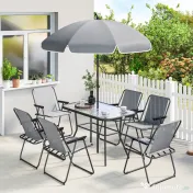 Outsunny Set de Masă de Grădină 8 Piese cu Umbrelă, Set Mobilier Grădină cu 6 Scaune Pliabile, Masă din Sticlă Temperată și Umbrelă pentru Terasă, Gri 