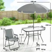 Outsunny Set de Masă de Grădină 8 Piese cu Umbrelă, Set Mobilier Grădină cu 6 Scaune Pliabile, Masă din Sticlă Temperată și Umbrelă pentru Terasă, Gri 