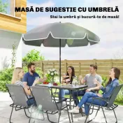 Outsunny Set de Masă de Grădină 8 Piese cu Umbrelă, Set Mobilier Grădină cu 6 Scaune Pliabile, Masă din Sticlă Temperată și Umbrelă pentru Terasă, Gri 
