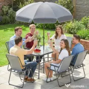 Outsunny Set de Masă de Grădină 8 Piese cu Umbrelă, Set Mobilier Grădină cu 6 Scaune Pliabile, Masă din Sticlă Temperată și Umbrelă pentru Terasă, Gri 