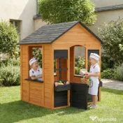 AIYAPLAY Căsuță din Lemn Copii cu Jardiniere, pentru Joacă Exterior/Interior, Vârsta 3-8, Maro 