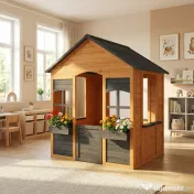 AIYAPLAY Căsuță din Lemn Copii cu Jardiniere, pentru Joacă Exterior/Interior, Vârsta 3-8, Maro 