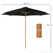 Outsunny Umbrelă de Grădină 3 m cu Stâlp din Lemn, 8 Spițe și Acoperire din Poliester, Neagră