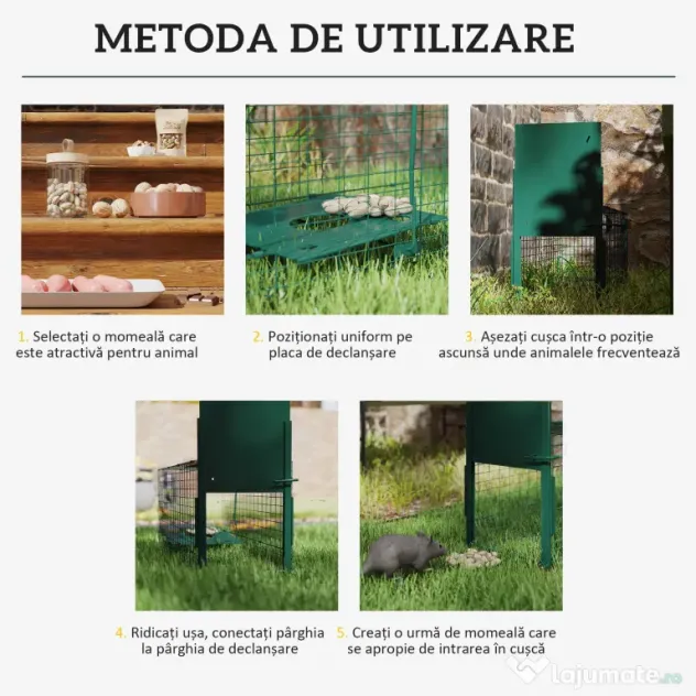 Outsunny Cușcă Capcană pentru Animale Mici cu O Ușă și Mâner, 80x25x30 cm, Verde Închis