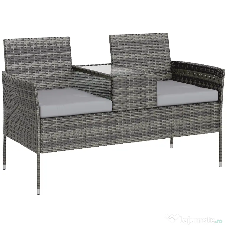 Outsunny Banchetă de Exterior cu 2 Locuri și Măsuță de Cafea, din Oțel și Ratan PE, 137x59x82 cm, Gri