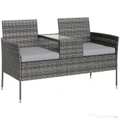 Outsunny Banchetă de Exterior cu 2 Locuri și Măsuță de Cafea, din Oțel și Ratan PE, 137x59x82 cm, Gri