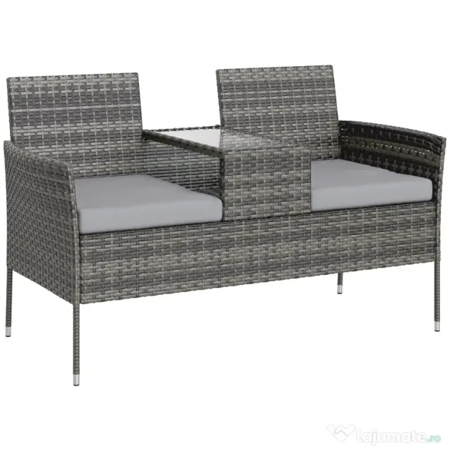 Outsunny Banchetă de Exterior cu 2 Locuri și Măsuță de Cafea, din Oțel și Ratan PE, 137x59x82 cm, Gri