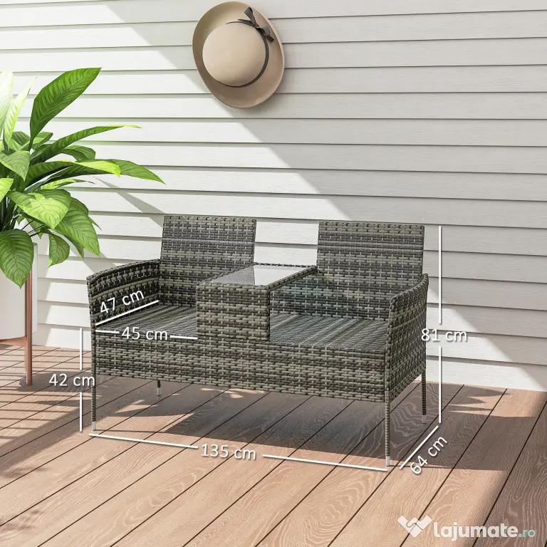 Outsunny Banchetă de Exterior cu 2 Locuri și Măsuță de Cafea, din Oțel și Ratan PE, 137x59x82 cm, Gri
