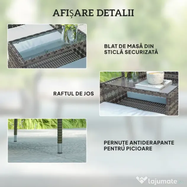 Outsunny Banchetă de Exterior cu 2 Locuri și Măsuță de Cafea, din Oțel și Ratan PE, 137x59x82 cm, Gri