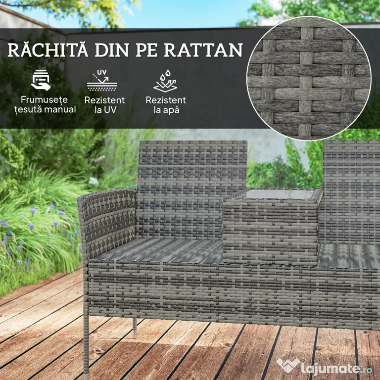 Outsunny Banchetă de Exterior cu 2 Locuri și Măsuță de Cafea, din Oțel și Ratan PE, 137x59x82 cm, Gri