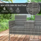 Outsunny Banchetă de Exterior cu 2 Locuri și Măsuță de Cafea, din Oțel și Ratan PE, 137x59x82 cm, Gri
