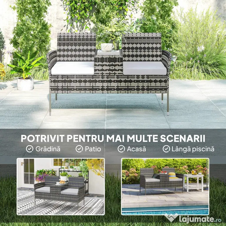 Outsunny Banchetă de Exterior cu 2 Locuri și Măsuță de Cafea, din Oțel și Ratan PE, 137x59x82 cm, Gri