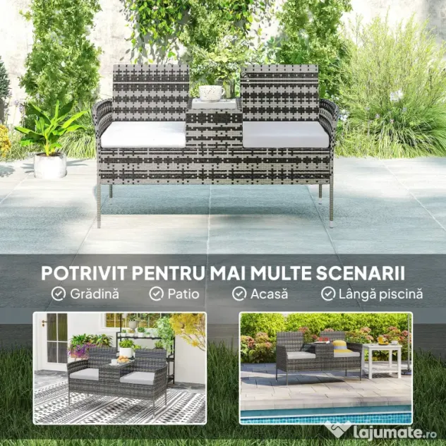 Outsunny Banchetă de Exterior cu 2 Locuri și Măsuță de Cafea, din Oțel și Ratan PE, 137x59x82 cm, Gri