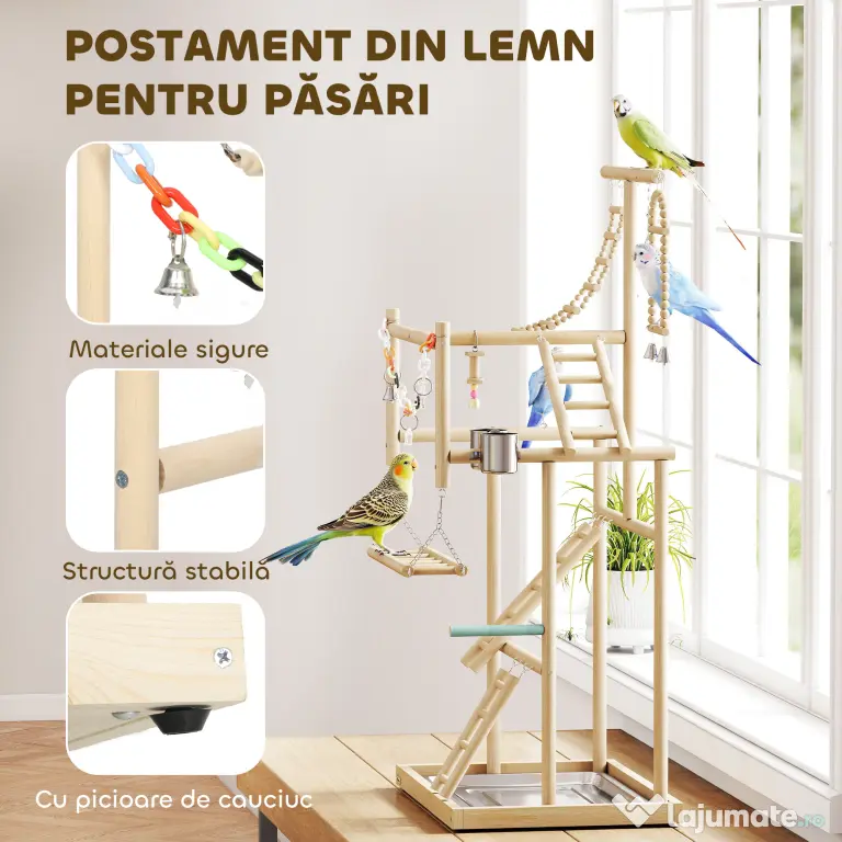 PawHut Suport pentru Papagali, Parc de Joacă pentru Păsări cu Scări, Lanțuri, Boluri, Tavă Detașabilă și Stinghii, pentru Perusi, Nimfe și Conuri, Lemn Natural