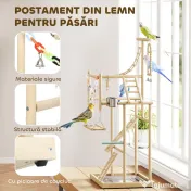 PawHut Suport pentru Papagali, Parc de Joacă pentru Păsări cu Scări, Lanțuri, Boluri, Tavă Detașabilă și Stinghii, pentru Perusi, Nimfe și Conuri, Lemn Natural