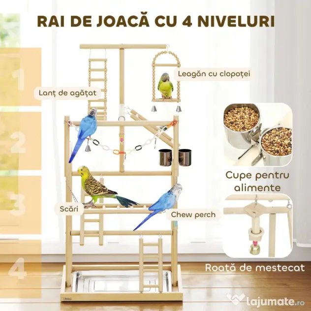 PawHut Suport pentru Papagali, Parc de Joacă pentru Păsări cu Scări, Lanțuri, Boluri, Tavă Detașabilă și Stinghii, pentru Perusi, Nimfe și Conuri, Lemn Natural