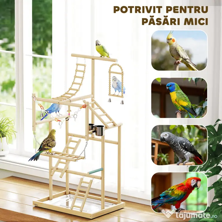 PawHut Suport pentru Papagali, Parc de Joacă pentru Păsări cu Scări, Lanțuri, Boluri, Tavă Detașabilă și Stinghii, pentru Perusi, Nimfe și Conuri, Lemn Natural