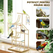PawHut Suport pentru Papagali, Parc de Joacă pentru Păsări cu Scări, Lanțuri, Boluri, Tavă Detașabilă și Stinghii, pentru Perusi, Nimfe și Conuri, Lemn Natural