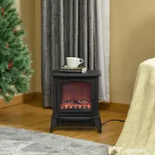 Șemineu Electric Portabil HOMCOM 1000W/2000W cu Efect de Flacără, din ABS și Sticlă Temperată, 36,5x24x45,5 cm, Negru 