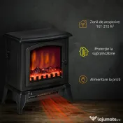 Șemineu Electric Portabil HOMCOM 1000W/2000W cu Efect de Flacără, din ABS și Sticlă Temperată, 36,5x24x45,5 cm, Negru 