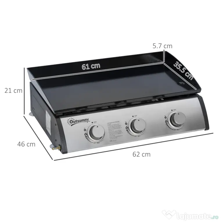 Outsunny Placă de grătar pe gaz antiaderent de masă cu 3 arzătoare de 3kW, 62x46x21cm, negru