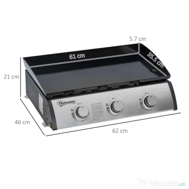 Outsunny Placă de grătar pe gaz antiaderent de masă cu 3 arzătoare de 3kW, 62x46x21cm, negru