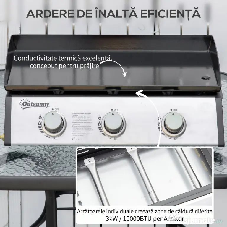 Outsunny Placă de grătar pe gaz antiaderent de masă cu 3 arzătoare de 3kW, 62x46x21cm, negru
