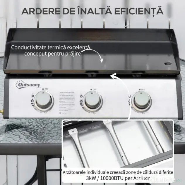 Outsunny Placă de grătar pe gaz antiaderent de masă cu 3 arzătoare de 3kW, 62x46x21cm, negru