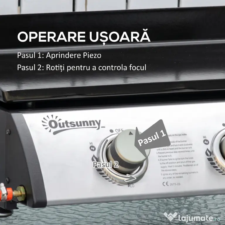 Outsunny Placă de grătar pe gaz antiaderent de masă cu 3 arzătoare de 3kW, 62x46x21cm, negru