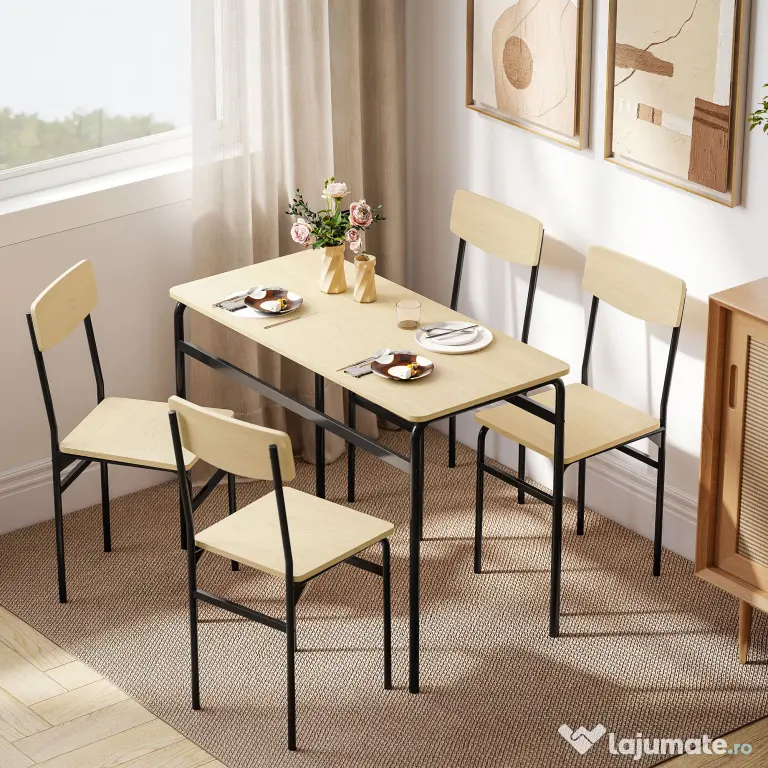 HOMCOM Set de Dining cu 5 Piese, Masă Dreptunghiulară și 4 Scaune, din Lemn și Metal, Negru și Lemn