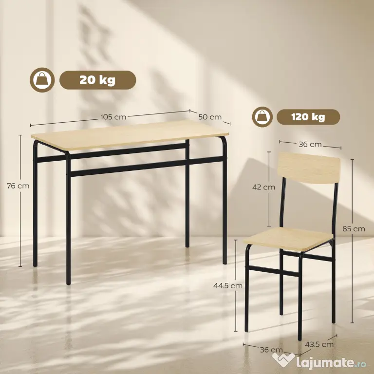 HOMCOM Set de Dining cu 5 Piese, Masă Dreptunghiulară și 4 Scaune, din Lemn și Metal, Negru și Lemn