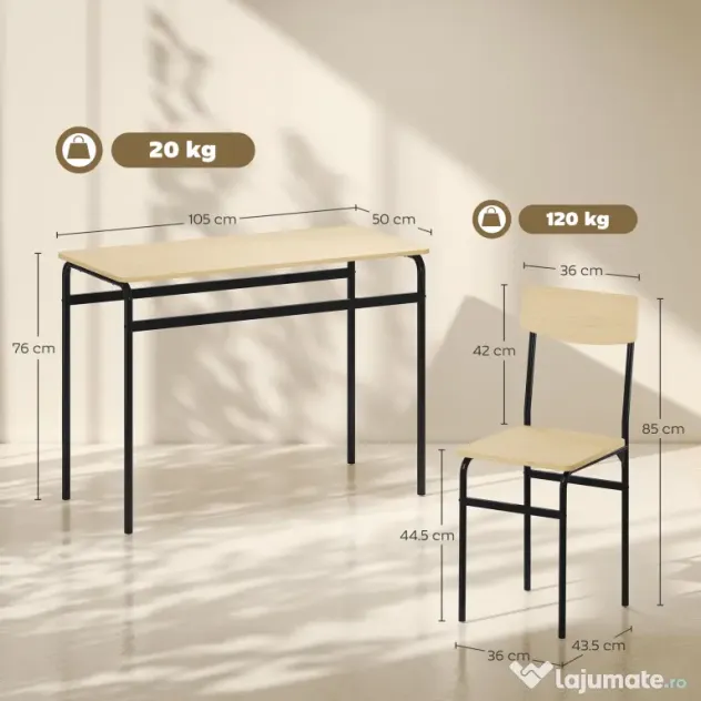 HOMCOM Set de Dining cu 5 Piese, Masă Dreptunghiulară și 4 Scaune, din Lemn și Metal, Negru și Lemn