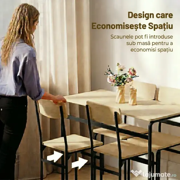 HOMCOM Set de Dining cu 5 Piese, Masă Dreptunghiulară și 4 Scaune, din Lemn și Metal, Negru și Lemn