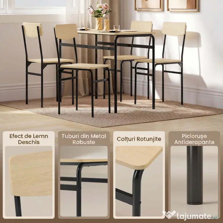 HOMCOM Set de Dining cu 5 Piese, Masă Dreptunghiulară și 4 Scaune, din Lemn și Metal, Negru și Lemn